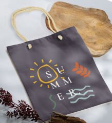BK Gift Yaz Temalı Antrasit Halat Saplı Kumaş Plaj Çantası -20, Baskılı Omuz Çantası, Alışveriş Çantası, Arkadaşa Hediye, Sevgiliye Hediye