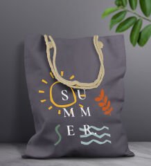 BK Gift Yaz Temalı Antrasit Halat Saplı Kumaş Plaj Çantası -20, Baskılı Omuz Çantası, Alışveriş Çantası, Arkadaşa Hediye, Sevgiliye Hediye