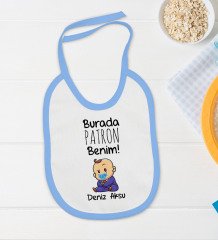BK Kids Kişiye Özel Burada Patron Benim Tasarımlı Mavi Bebek Body Zıbın ve Mama Önlüğü Hediye Seti