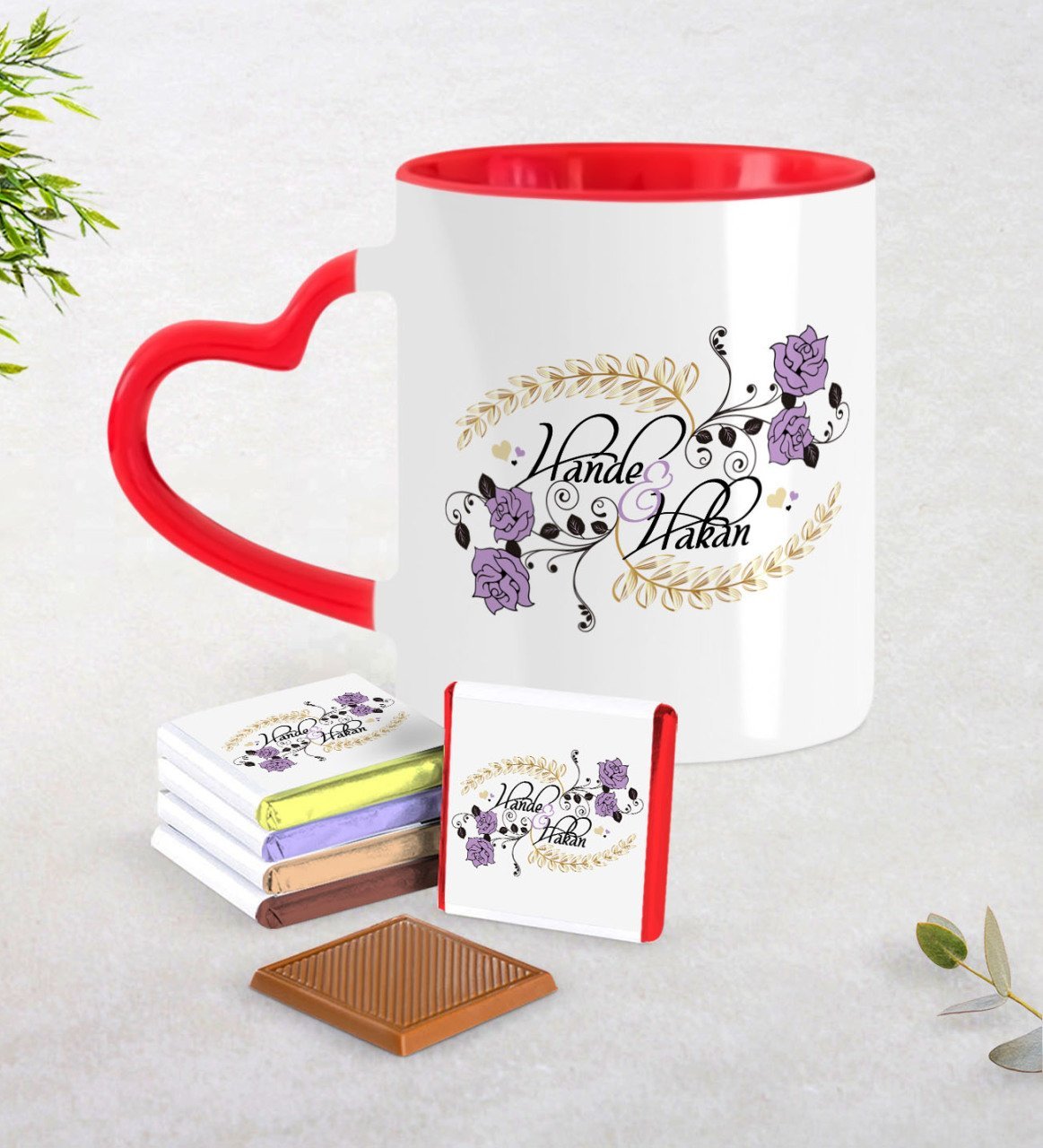 Kişiye Özel Sevgililer Günü Kırmızı Kalpli Kupa ve Çikolata Seti-124