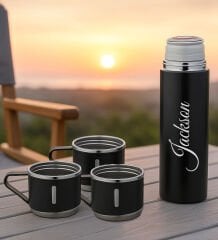 BK Gift Kişiye Özel İsimli Üçlü Bardak Paslanmaz Siyah Çelik Termos Seti 500 ML, Arkadaşa Hediye, Sevgiliye Hediye, Yeni İş Hediyesi