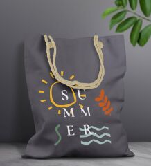 BK Gift Yaz Temalı Antrasit Halat Saplı Kumaş Plaj Çantası -21, Baskılı Omuz Çantası, Alışveriş Çantası, Arkadaşa Hediye, Sevgiliye Hediye