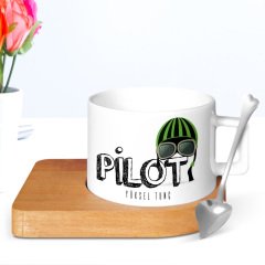 Kişiye Özel Mesleki Pilot Ahşap Altlıklı Seramik Fincan