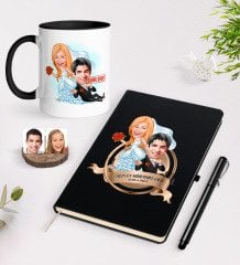 Kişiye Özel Yılın En Mükemmel Çifti Karikatürlü Siyah Defter Kalem ve Kupa Seti-67