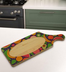 BK Gift Meyveler Tasarımlı Dikdörtgen Şeklinde Doğal Ahşap Servis ve Sunum Tabağı Model 1