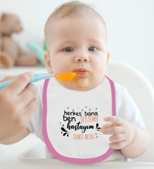 BK Kids Kişiye Özel Teyzeme Hastayım Tasarımlı Pembe %100 Pamuklu Askılı Sıfır Kol Bebek Body Zıbın ve Mama Önlüğü Hediye Seti