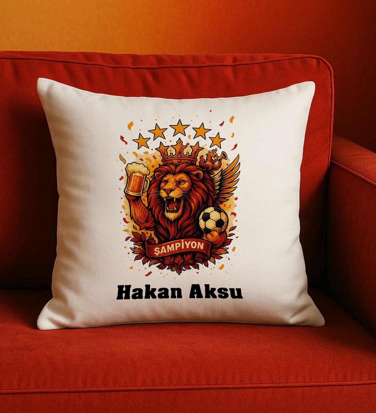 BK Gift Kişiye Özel Sarı Kırmızı 5 Yıldız Aslan Taraftar Tasarımlı Beyaz Kırlent Yastık-7, Taraftar Hediyesi, Doğum Günü Hediyesi, Arkadaşa Hediye