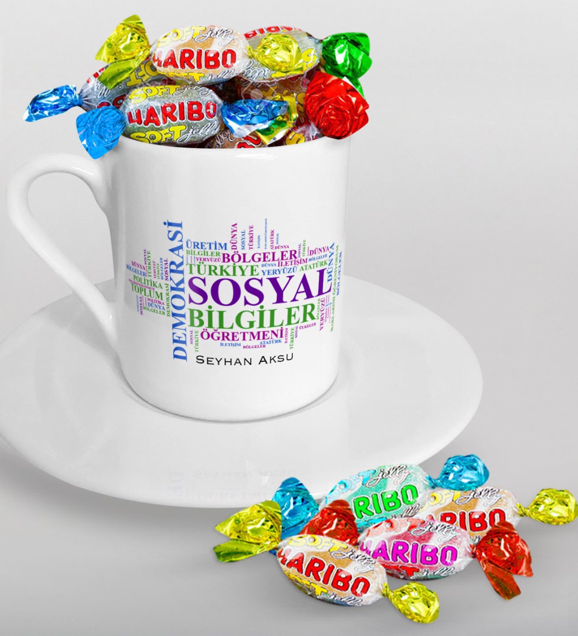 Kişiye Özel Sosyal Bilgiler Öğretmeni Türk Kahvesi Fincanı ve Haribo Şeker Hediye Seti-1