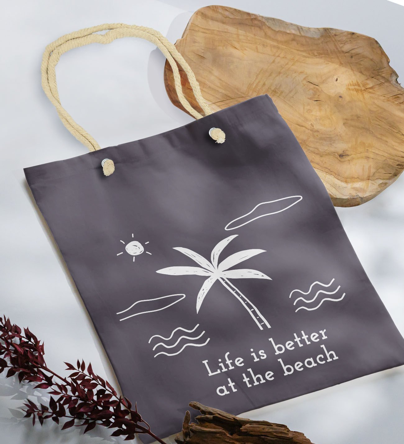 BK Gift Yaz Temalı Antrasit Halat Saplı Kumaş Plaj Çantası -23, Baskılı Omuz Çantası, Alışveriş Çantası, Arkadaşa Hediye, Sevgiliye Hediye