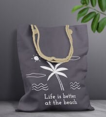 BK Gift Yaz Temalı Antrasit Halat Saplı Kumaş Plaj Çantası -23, Baskılı Omuz Çantası, Alışveriş Çantası, Arkadaşa Hediye, Sevgiliye Hediye