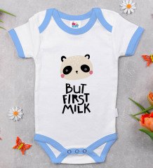 BK Kids But First Milk Tasarımlı Mavi Bebek Body Zıbın-1