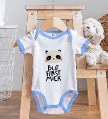BK Kids But First Milk Tasarımlı Mavi Bebek Body Zıbın-1