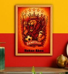 BK Gift Kişiye Özel Sarı Kırmızı 5 Yıldız Aslan Taraftar Tasarımlı Ahşap Çerçeveli Tablo-1 40x25cm, Taraftar Hediyesi, Doğum Günü Hediyesi, Arkadaşa Hediye