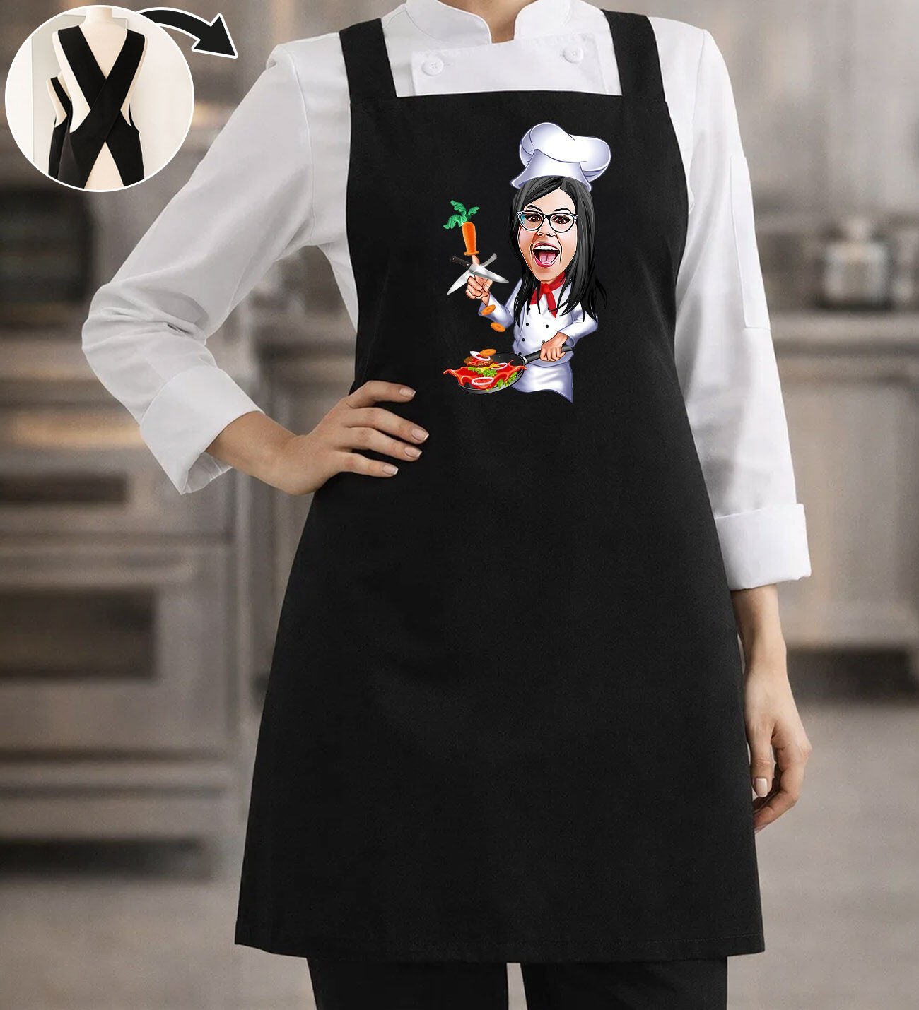 BK Gift Kişiye Özel Karikatürlü Çapraz Askılı Siyah Mutfak Önlüğü - 6, Aşçı Önlüğü, Şef Önlüğü, Anneye Hediye