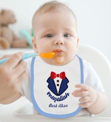 BK Kids Kişiye Özel İsimli Mavi %100 Pamuklu Askılı Sıfır Kol Bebek Body Zıbın ve Mama Önlüğü Hediye Seti-1