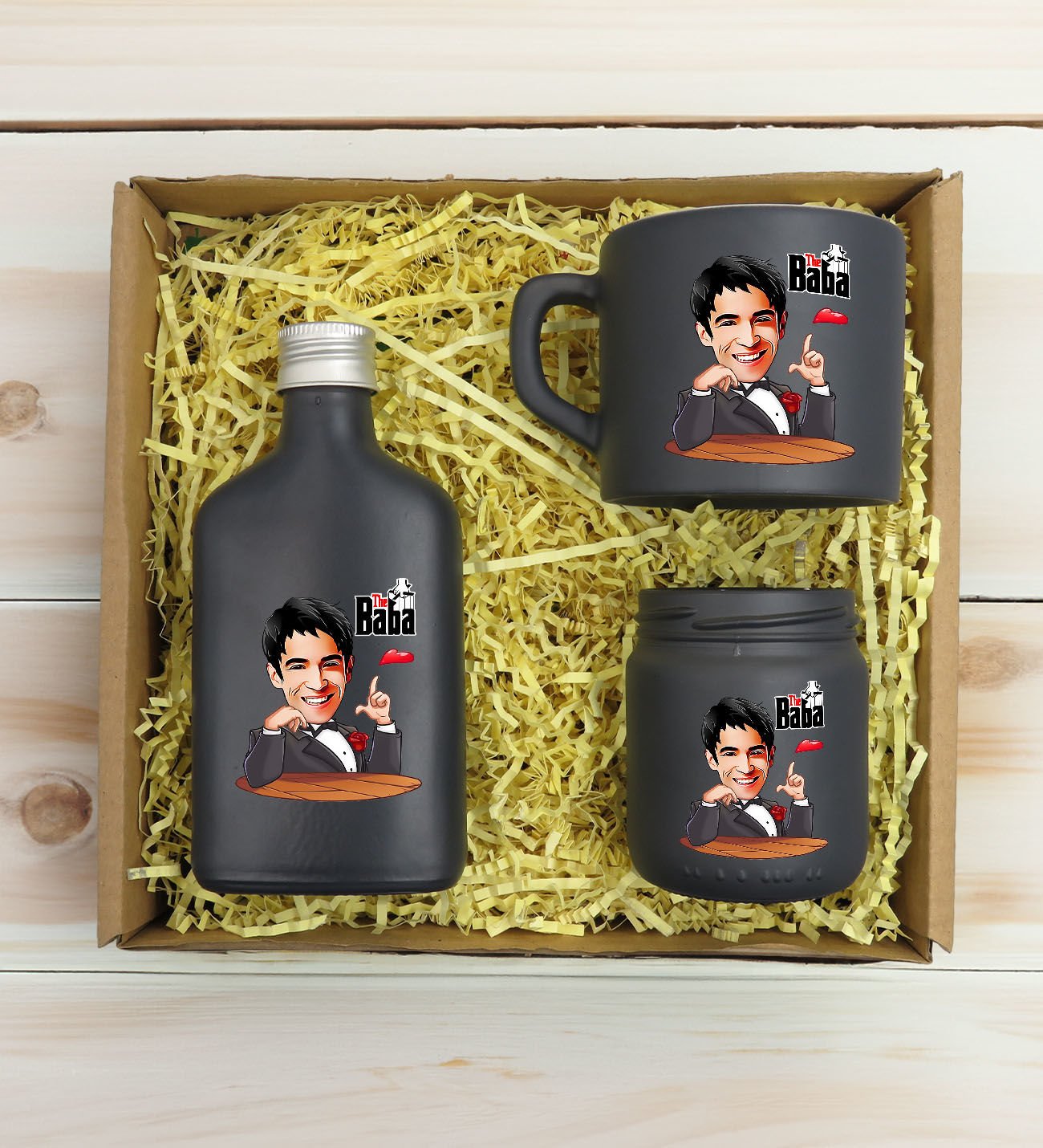 BK Gift Kişiye Özel DTF The Baba Karikatürlü Antrasit Kahve Fincanı & Kolonya & Mum Hediye Seti-2, Babaya Hediye, Babalar Günü Hediyeleri