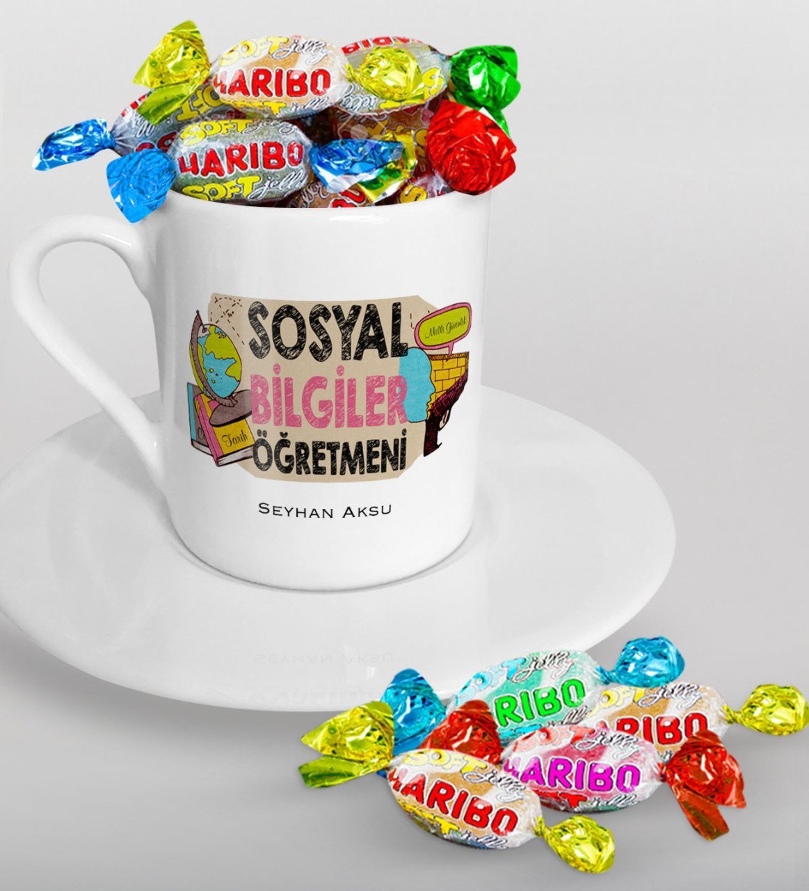 Kişiye Özel Sosyal Bilgiler Öğretmeni Türk Kahvesi Fincanı ve Haribo Şeker Hediye Seti-3