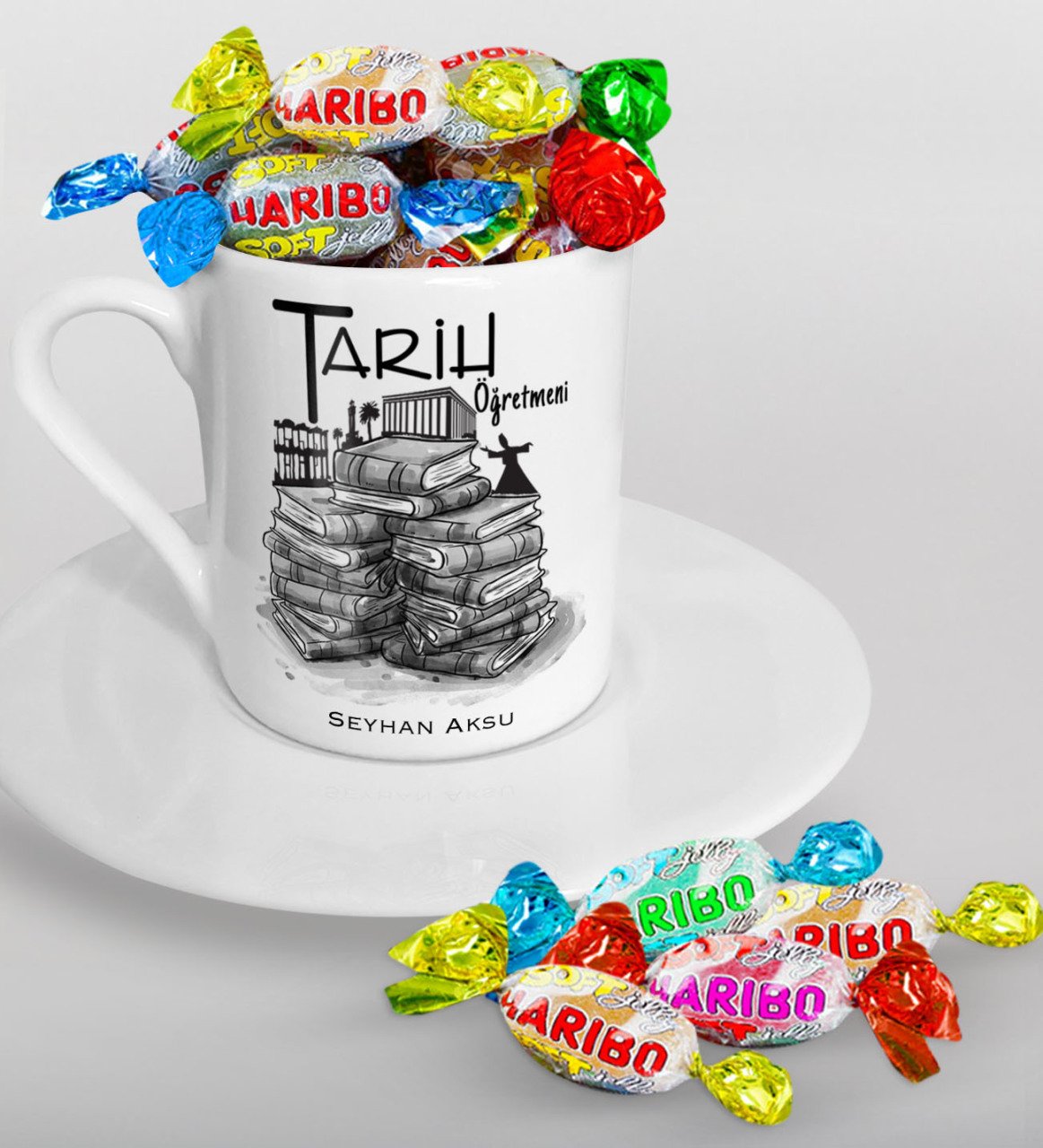 Kişiye Özel Tarih Öğretmeni Türk Kahvesi Fincanı ve Haribo Şeker Hediye Seti-1