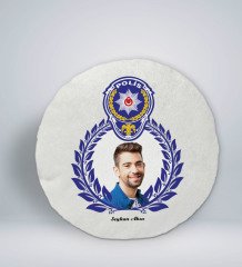 Kişiye Özel İsimli Fotoğraflı Polis Tasarımlı Yuvarlak Araç Koltuk Yastığı-4