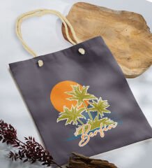 BK Gift Kişiye Özel Yaz Temalı İsimli Antrasit Halat Saplı Kumaş Plaj Çantası -2, Baskılı Omuz Çantası, Alışveriş Çantası, Arkadaşa Hediye, Sevgiliye Hediye
