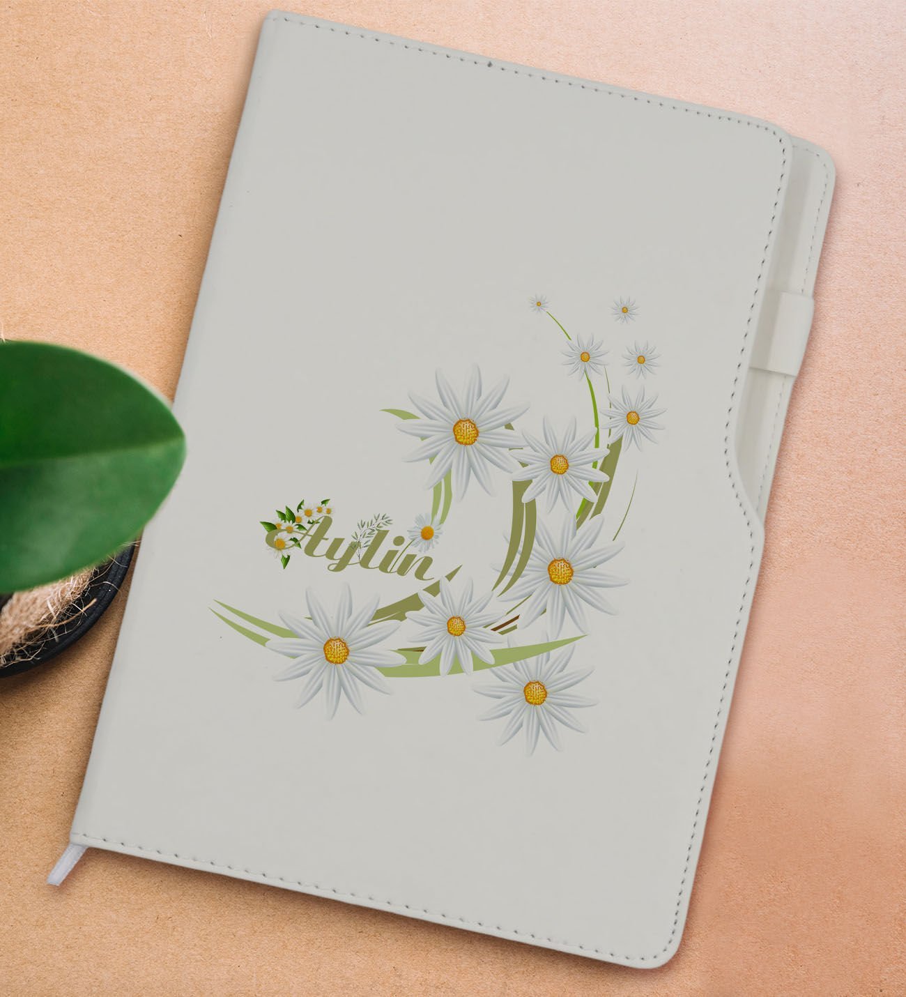 BK Gift Kişiye Özel Papatya Temalı Beyaz Termo Deri Not Defteri 15x21cm-1