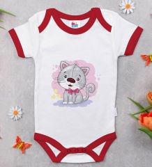 BK Kids Sevimli Kedi Tasarımlı Kırmızı Bebek Body Zıbın-1