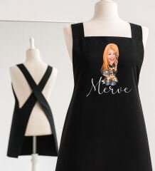 BK Gift Kişiye Özel Karikatürlü Çapraz Askılı Siyah Mutfak Önlüğü - 9, Aşçı Önlüğü, Şef Önlüğü, Anneye Hediye