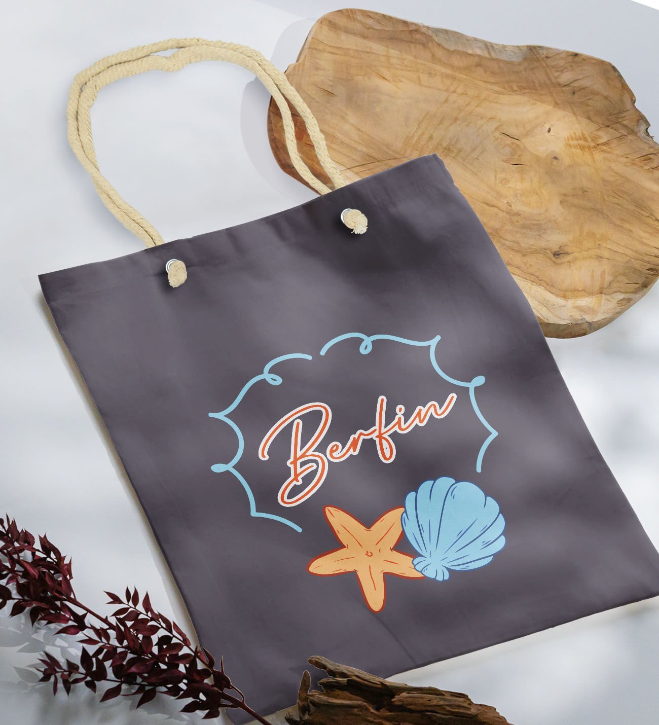 BK Gift Kişiye Özel Yaz Temalı İsimli Antrasit Halat Saplı Kumaş Plaj Çantası -3, Baskılı Omuz Çantası, Alışveriş Çantası, Arkadaşa Hediye, Sevgiliye Hediye