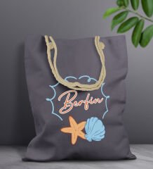 BK Gift Kişiye Özel Yaz Temalı İsimli Antrasit Halat Saplı Kumaş Plaj Çantası -3, Baskılı Omuz Çantası, Alışveriş Çantası, Arkadaşa Hediye, Sevgiliye Hediye