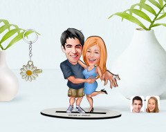 Kişiye Özel Sevgililer Karikatürlü 3D Ahşap Biblo ve İsimli Gold Papatya Anahtarlık-14