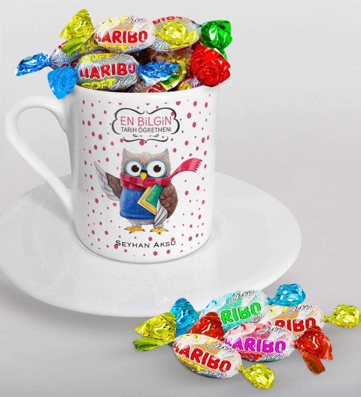 Kişiye Özel Tarih Öğretmeni Türk Kahvesi Fincanı ve Haribo Şeker Hediye Seti-3