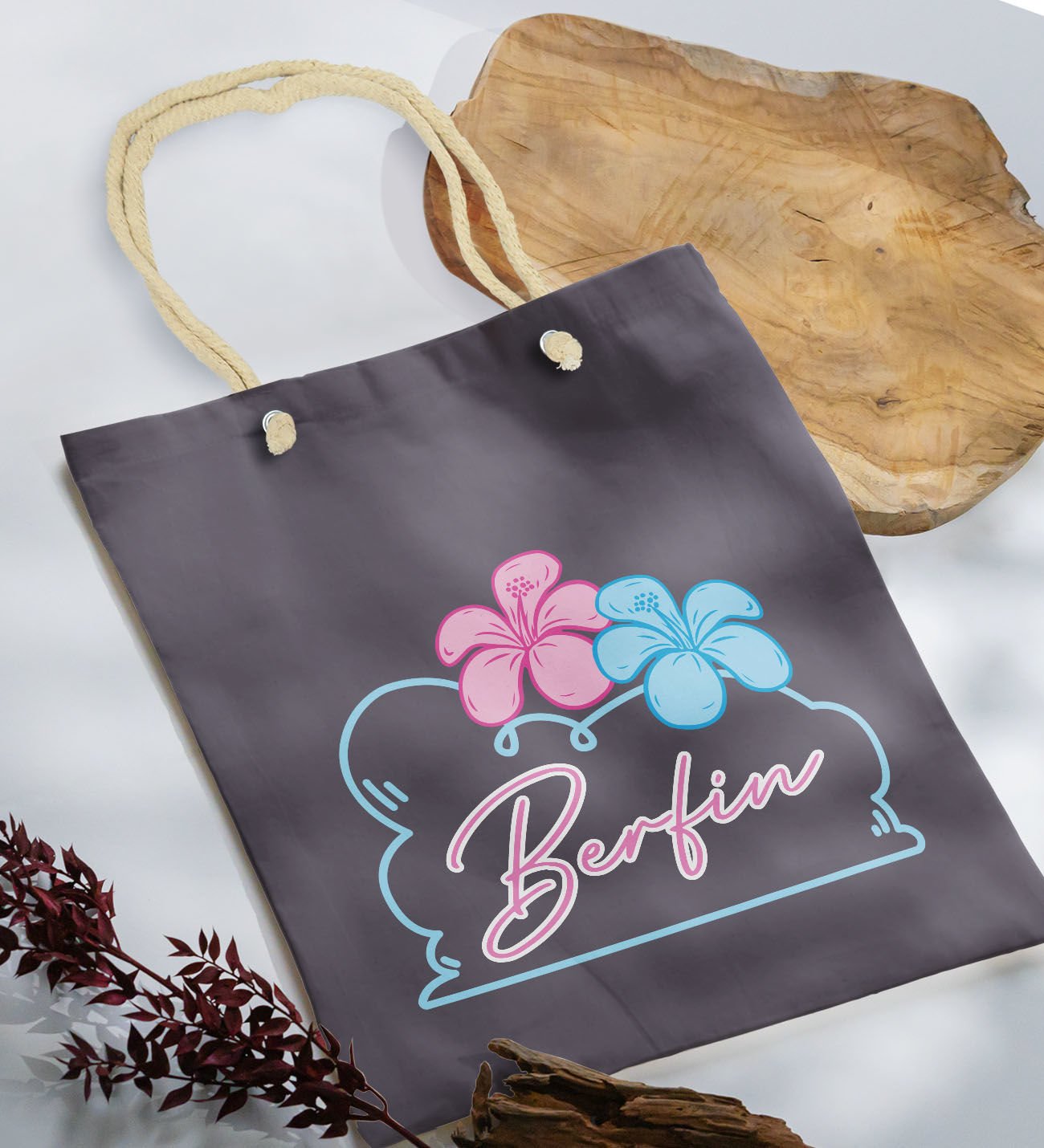 BK Gift Kişiye Özel Yaz Temalı İsimli Antrasit Halat Saplı Kumaş Plaj Çantası -4, Baskılı Omuz Çantası, Alışveriş Çantası, Arkadaşa Hediye, Sevgiliye Hediye