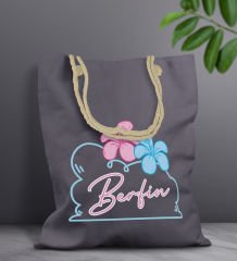 BK Gift Kişiye Özel Yaz Temalı İsimli Antrasit Halat Saplı Kumaş Plaj Çantası -4, Baskılı Omuz Çantası, Alışveriş Çantası, Arkadaşa Hediye, Sevgiliye Hediye