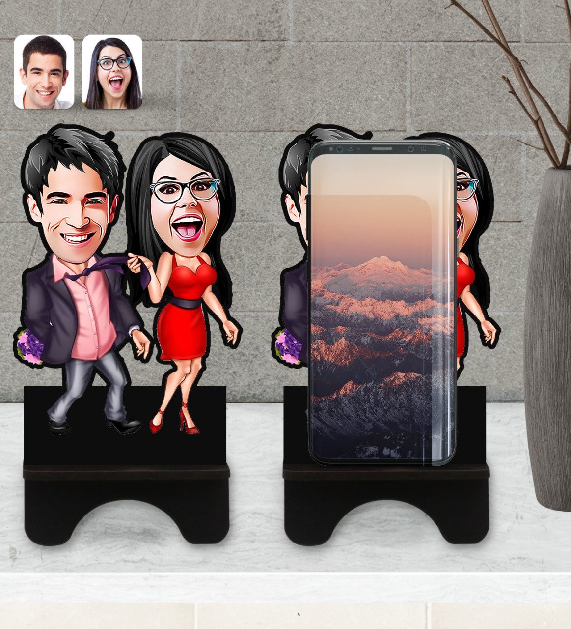Kişiye Özel Sevgililer Karikatürlü Ahşap Biblo Telefon Standı-4