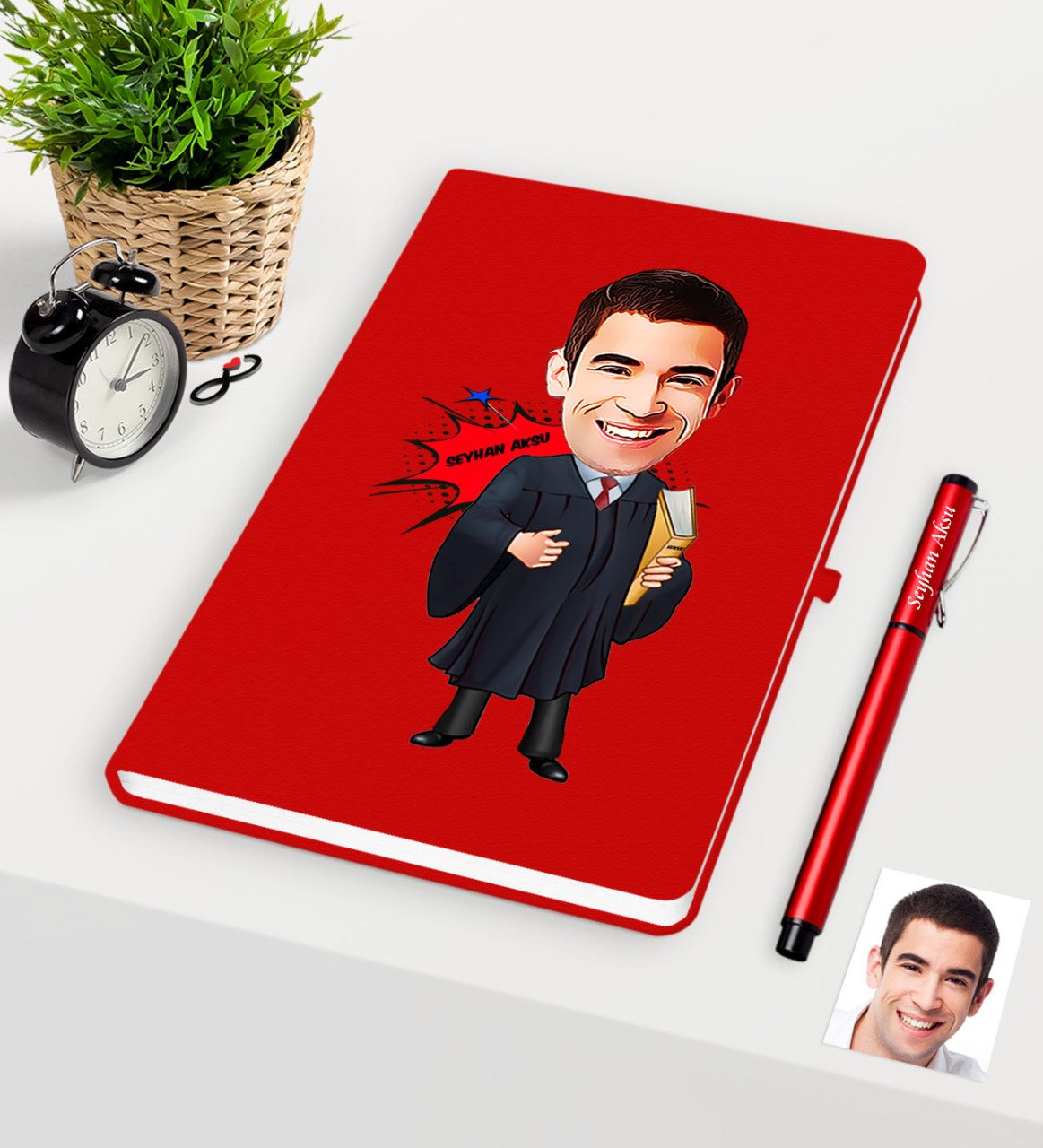 Kişiye Özel Bay Avukat Karikatürlü Kırmızı Defter Kalem Seti - 1