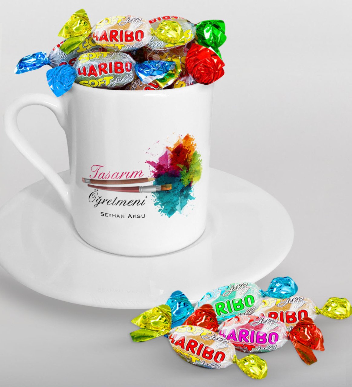 Kişiye Özel Tasarım Öğretmeni Türk Kahvesi Fincanı ve Haribo Şeker Hediye Seti-2