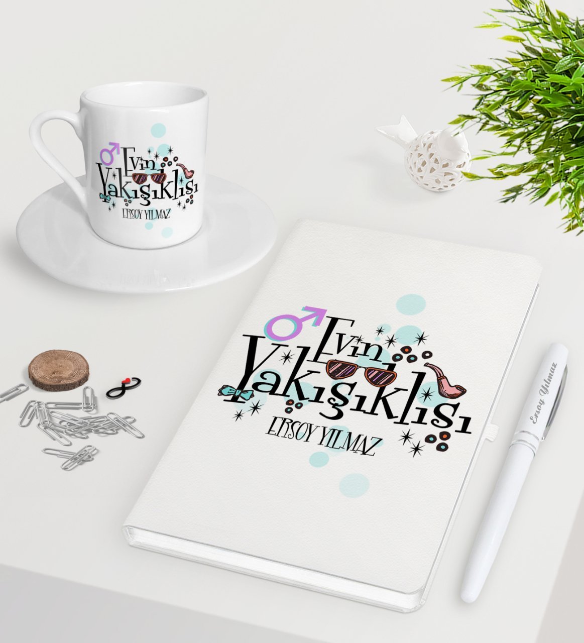 Kişiye Özel Evin Yakışıklısı Beyaz Defter Kalem Türk Kahvesi Fincanı Seti-2