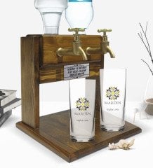 Kişiye Özel Renkli Baskılı Mardin Tasarımlı Turistik İkili Rakı Bardağı ve Çift Musluklu Doğal Ahşap Rakı Standı-1