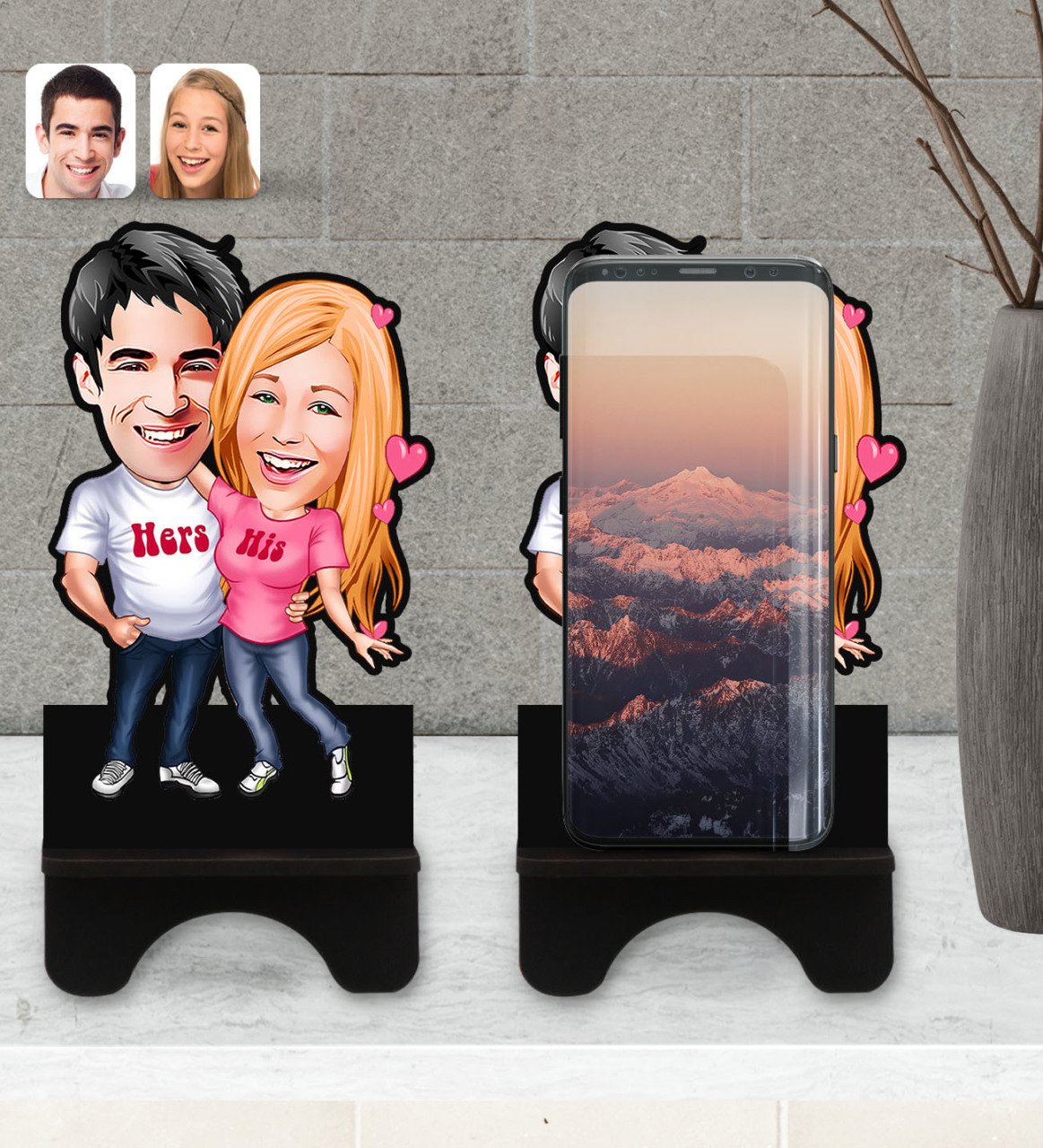 Kişiye Özel Sevgililer Karikatürlü Ahşap Biblo Telefon Standı-5
