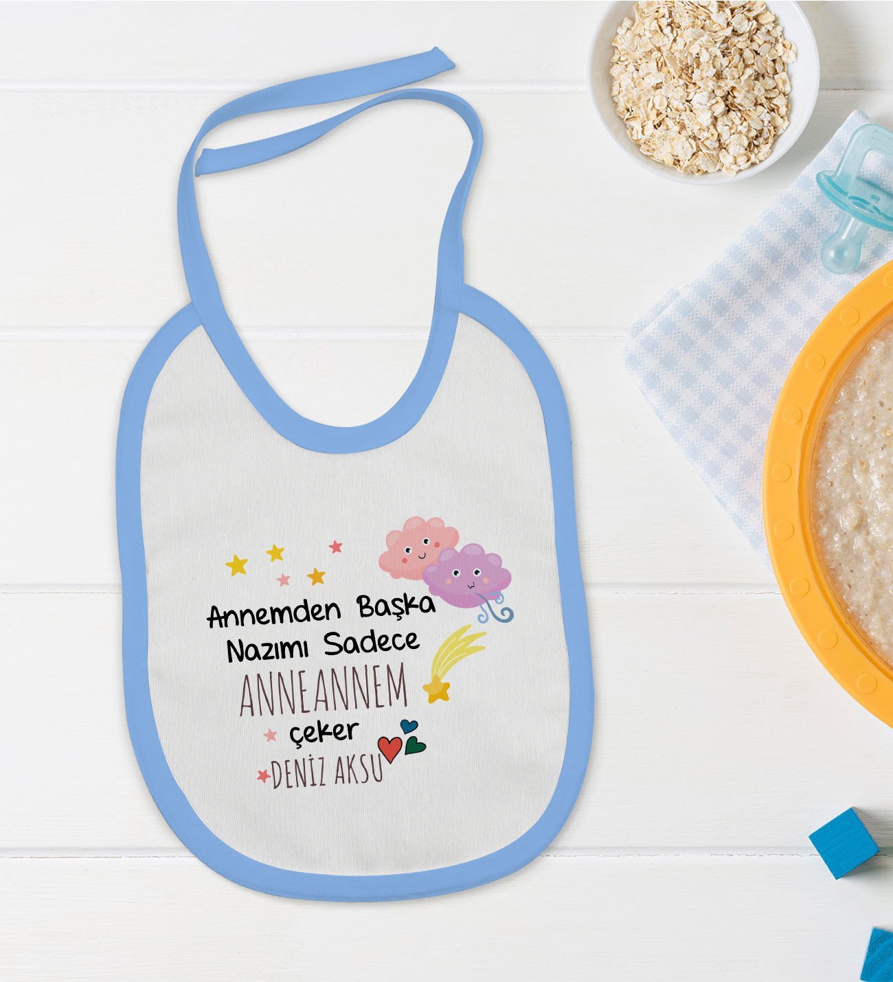 BK Kids Kişiye Özel Mavi Bebek Mama Önlüğü - Model 81