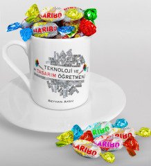 Kişiye Özel Teknoloji ve Tasarım Öğretmeni Türk Kahvesi Fincanı ve Haribo Şeker Hediye Seti