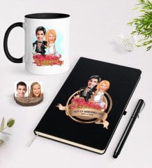 Kişiye Özel Yılın En Mükemmel Çifti Karikatürlü Siyah Defter Kalem ve Kupa Seti-75
