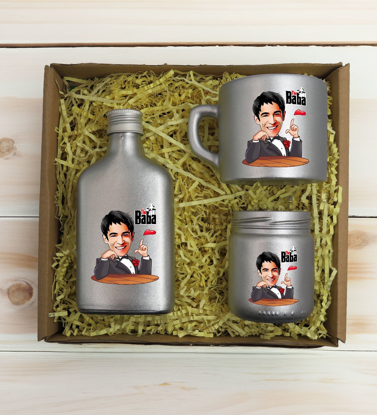 BK Gift Kişiye Özel DTF The Baba Karikatürlü Gümüş Kahve Fincanı & Kolonya & Mum Hediye Seti-2, Babaya Hediye, Babalar Günü Hediyeleri