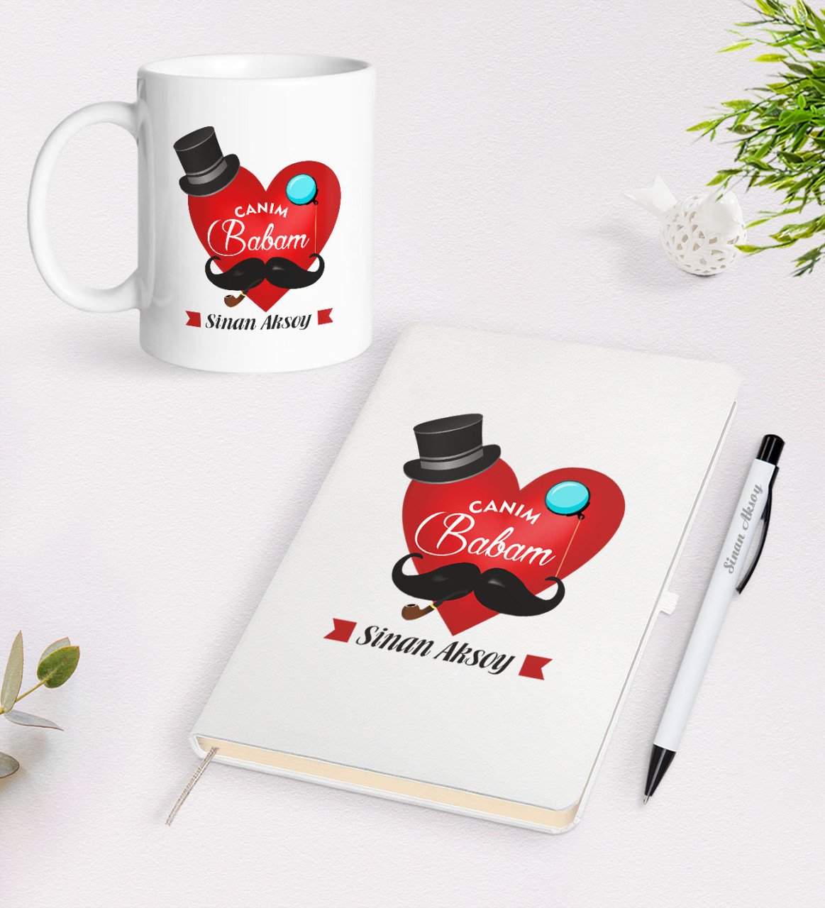 Kişiye Özel Canım Babam Tasarımlı Beyaz Defter Kalem Kupa Seti - Model 4