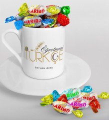 Kişiye Özel Türkçe Öğretmeni Türk Kahvesi Fincanı ve Haribo Şeker Hediye Seti
