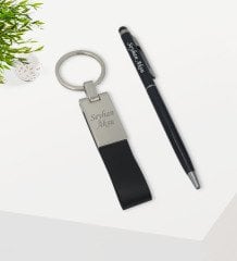 Kişiye Özel Siyah Touchpen Tükenmez Kalem ve Deri Anahtarlık Hediye Seti