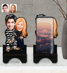 Kişiye Özel Sevgililer Karikatürlü Ahşap Biblo Telefon Standı-7