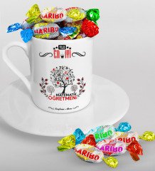 Kişiye Özel Yılın En İyi Matematik Öğretmeni Türk Kahvesi Fincanı ve Haribo Şeker Hediye Seti