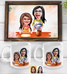 Kişiye Özel Anne Kız Karikatürlü Doğal Ahşap Tepsi ve 2’li Kupa Bardak Seti-2