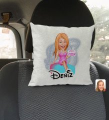 Kişiye Özel İsimli Kadın Doğum Günü Karikatürlü Kare Araç Koltuk Yastığı-2